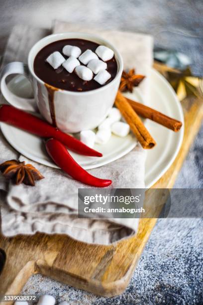 cup of chilli hot chocolate with miniature marshmallows on a chopping board with a selection of spices - チリパウダー ストックフォトと画像