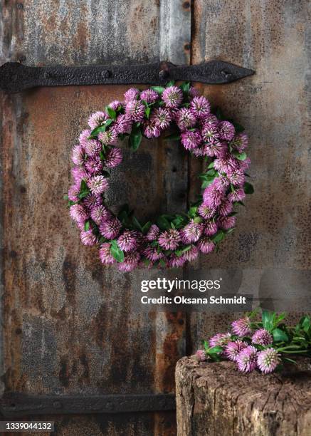 beautiful handmade wreath of purple clover wildflowers hanging on an old rustic door. - floral wreath bildbanksfoton och bilder