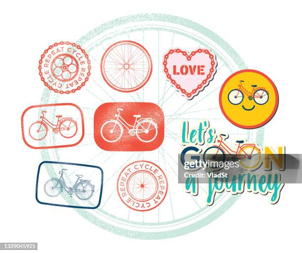 retro bike stickers bicycle rubber stamps cycling design - motivational quotes stock illustrations