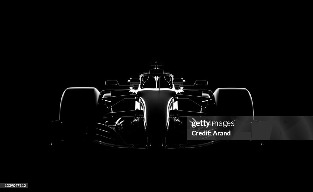 汎用レースカー(レーシングカー)プロトタイプ、フォトリアリスティックなレンダリング、ブラックのシルエット
