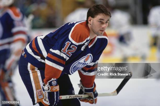 Troy Mallette from Canada and Left Wing for the Edmonton Oilers looks on during the NHL Prince of Wales Conference, Adams Division game against the...