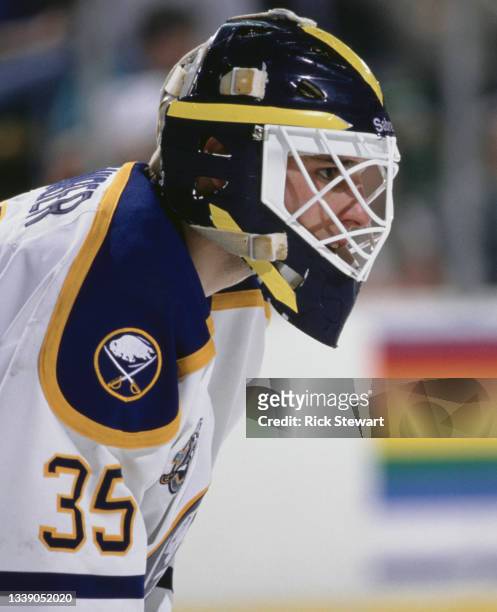 Robb Stauber, Goaltender for the Buffalo Sabres looks on during the NHL Eastern Conference Northeast Division game against the New York Islanders on...
