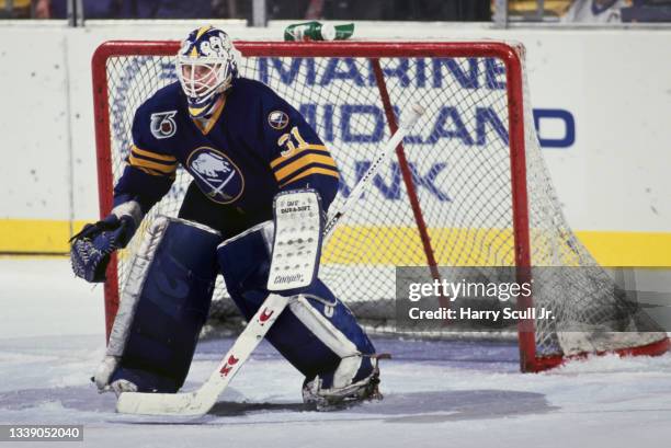Daren Puppa from Canada and Goaltender for the Buffalo Sabres looks on from in front of the goal post during the NHL Prince of Wales Conference Adams...