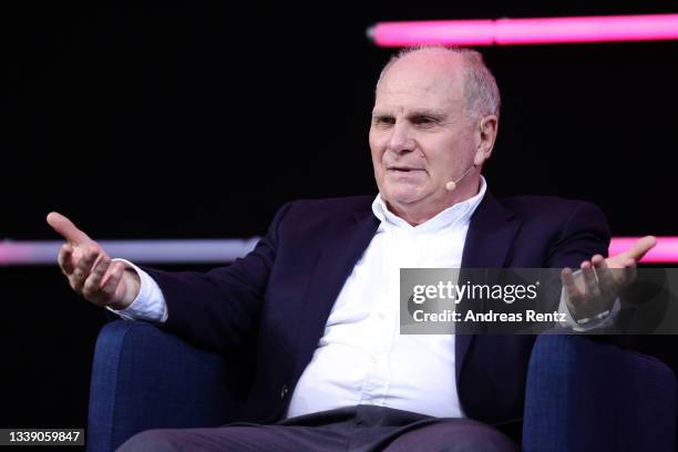 Former Bayern Muenchen Manager Uli Hoeness speaks on stage during day 2 of the Digital X event on September 08, 2021 in Cologne, Germany. More than...