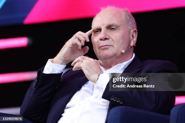 Former Bayern Muenchen Manager Uli Hoeness speaks on stage during day 2 of the Digital X event on September 08, 2021 in Cologne, Germany. More than...