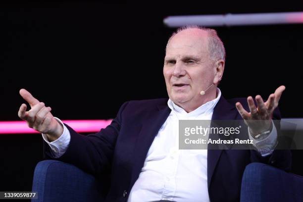 Former Bayern Muenchen Manager Uli Hoeness speaks on stage during day 2 of the Digital X event on September 08, 2021 in Cologne, Germany. More than...