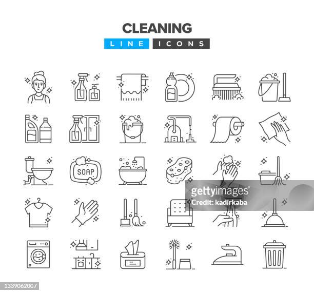 illustrazioni stock, clip art, cartoni animati e icone di tendenza di set di icone della linea di pulizia - scopa