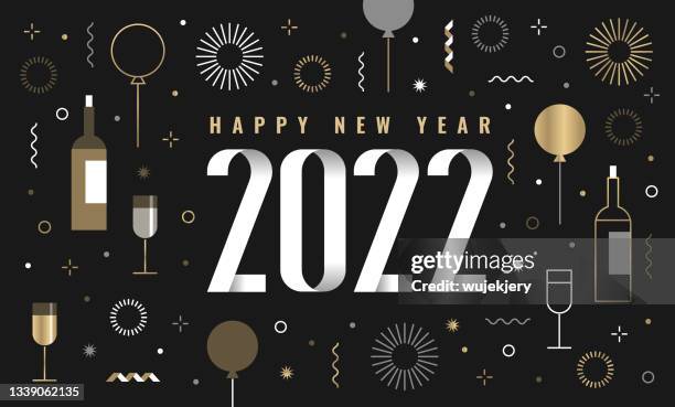 modern happy new year card 2022, fireworks, party symbols, - 2021 glasses vector stock illustrations