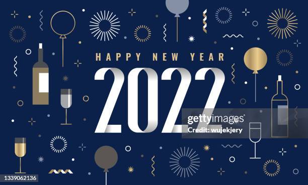 modern happy new year card 2022, fireworks, party symbols, - 2021 glasses vector stock illustrations