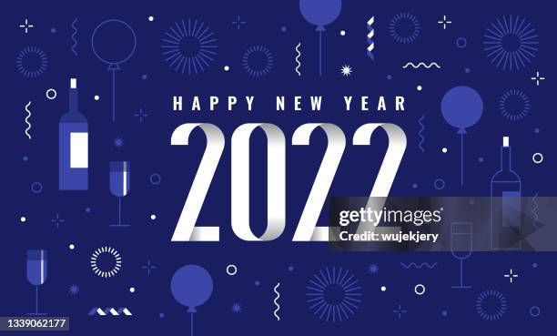 modern happy new year card 2022, fireworks, party symbols, - 2021 glasses vector stock illustrations