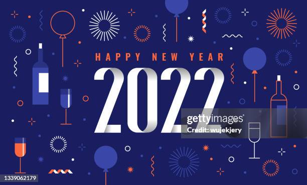 ilustraciones, imágenes clip art, dibujos animados e iconos de stock de tarjeta moderna de feliz año nuevo 2022, fuegos artificiales, símbolos de fiesta, - anniversary card