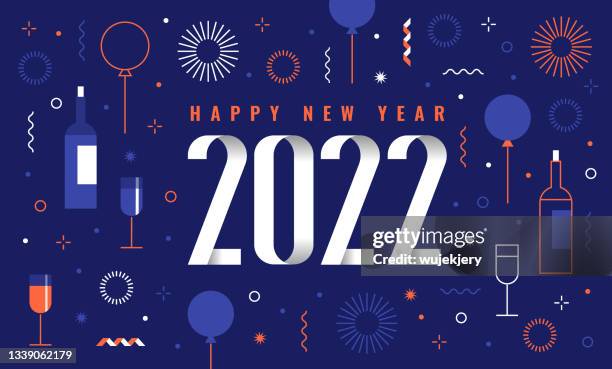 ilustraciones, imágenes clip art, dibujos animados e iconos de stock de tarjeta moderna de feliz año nuevo 2022, fuegos artificiales, símbolos de fiesta, - tarjeta de aniversario