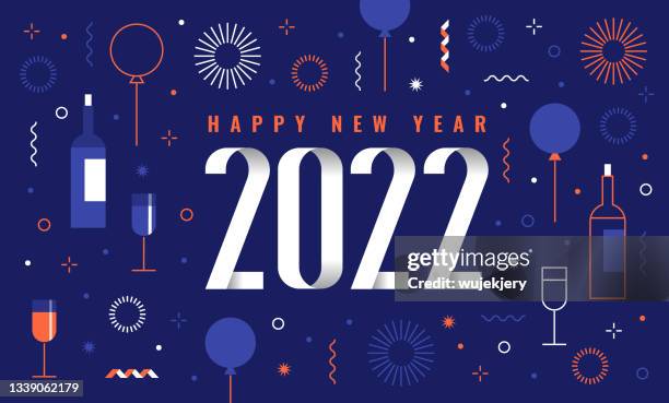 modern happy new year card 2022, fireworks, party symbols, - anniversary card stock illustrations