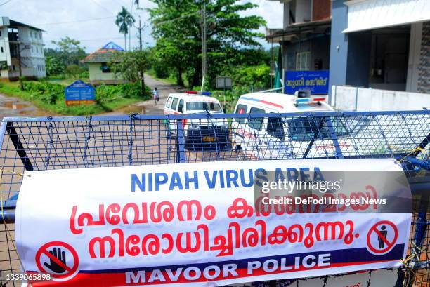 Kozhikode, India Road blockade due to Nipah affected areas at Chathamangalam panjayat on September 08, 2021 in Kozhikode, India.