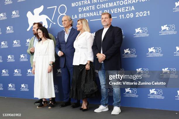 Luigi Crespi, Natascia Turato, Giovanni Terzi, Simona Ventura and Ambrogio Crespi attend the photocall of "Le 7 Giornate Di Bergamo" during the 78th...