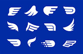 Collection of blue wings logos, icons and symbols. Fast delivery, motion and speed concept.