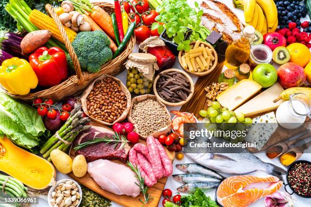 large group of different types of food background - food groups stockfoto's en -beelden