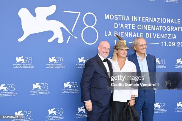 Sergio Rizzini, Simona Ventura and Giovanni Terzi attend the photocall of "Le 7 Giornate Di Bergamo" during the 78th Venice International Film...