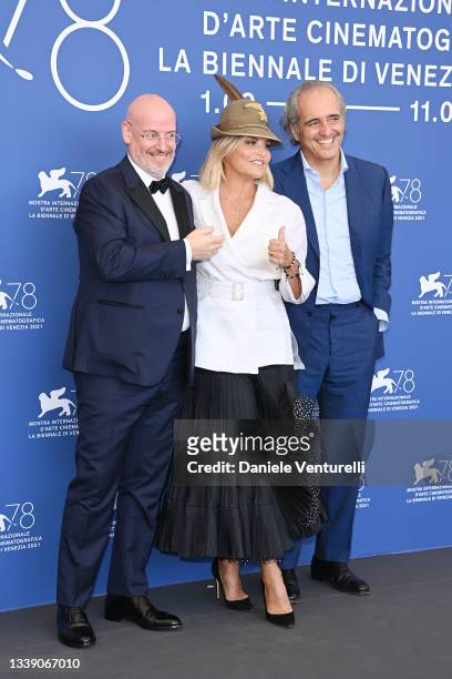 Sergio Rizzini, Simona Ventura and Giovanni Terzi attend the photocall of "Le 7 Giornate Di Bergamo" during the 78th Venice International Film...
