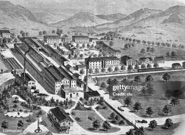 arnold staub factory in kuchen, close to geislingen, germany, baden-württemberg, aerial view - staub stock illustrations