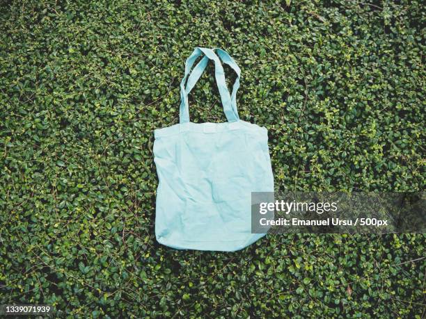 high angle view of bag on field - トートバッグ 無人 ストックフォトと画像