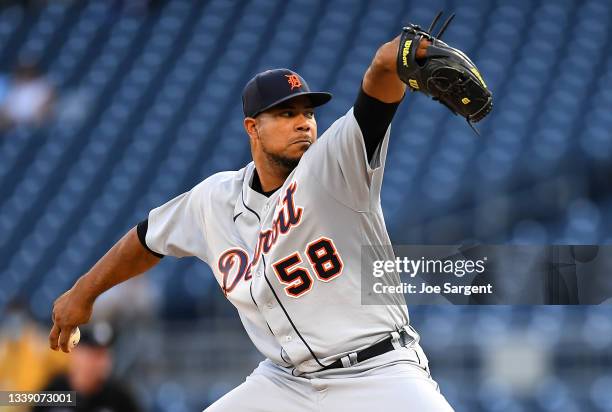 Wily Peralta of the Detroit Tigers in action during the game against the Pittsburgh Pirates at PNC Park on September 7, 2021 in Pittsburgh,...
