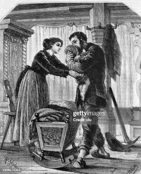 miner tenderly says goodbye to his child - 1868 stock illustrations