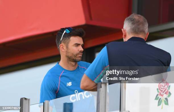 England bowler James Anderson chats with head coach Chris Silverwood on the balcony during the England net session ahead of the Fifth Test Match...
