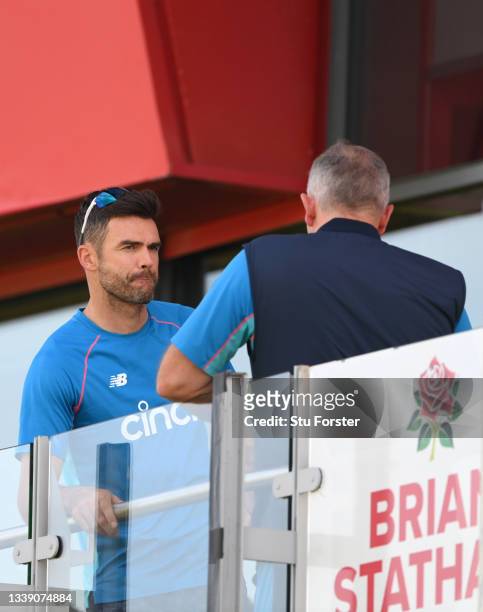 England bowler James Anderson chats with head coach Chris Silverwood on the balcony during the England net session ahead of the Fifth Test Match...