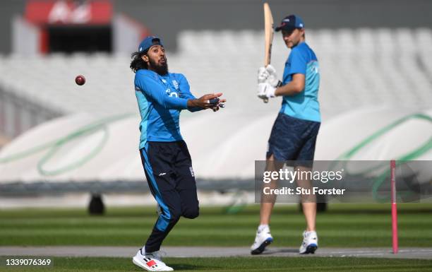 England captain Joe Root gives Haseeb Hameed some catching practice during the England net session ahead of the Fifth Test Match against India at Old...