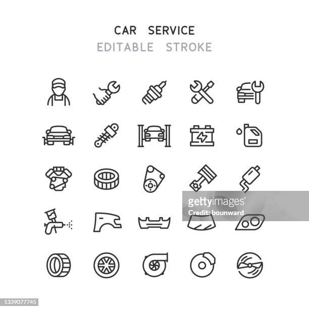 ilustraciones, imágenes clip art, dibujos animados e iconos de stock de car service line iconos trazo editable - filtración
