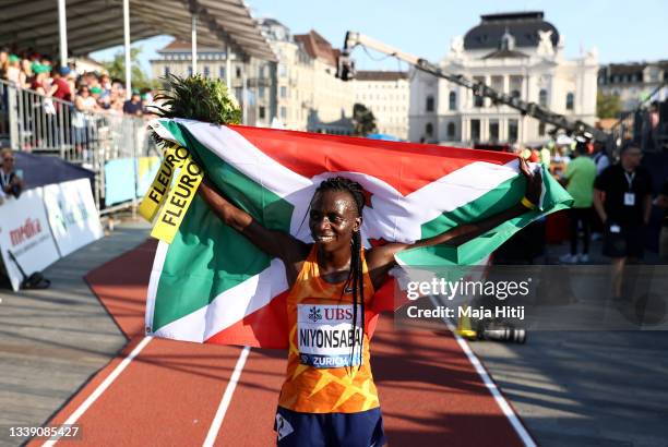 Race winner Francine Niyonsaba of Burundi celebrates after winning the Women's 5000 meters during the Weltklasse Zurich, part of the Wanda Diamond...
