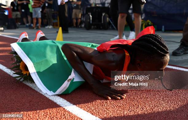 Race winner Francine Niyonsaba of Burundi reacts after winning the Women's 5000 meters during the Weltklasse Zurich, part of the Wanda Diamond League...