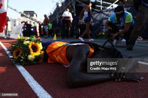 Race winner Francine Niyonsaba of Burundi reacts after winning the Women's 5000 meters during the Weltklasse Zurich, part of the Wanda Diamond League...