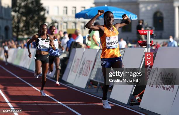 Race winner Francine Niyonsaba of Burundi reacts after winning the Women's 5000 meters during the Weltklasse Zurich, part of the Wanda Diamond League...