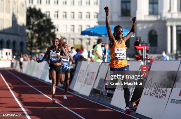 Race winner Francine Niyonsaba of Burundi reacts after winning the Women's 5000 meters during the Weltklasse Zurich, part of the Wanda Diamond League...