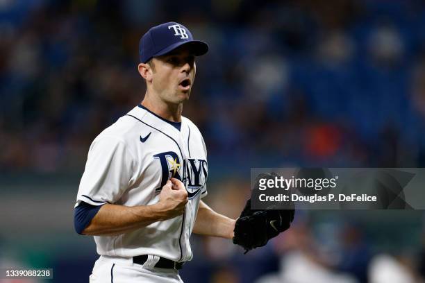 David Robertson of the Tampa Bay Rays reacts during the eighth inning against the Minnesota Twins at Tropicana Field on September 03, 2021 in St...