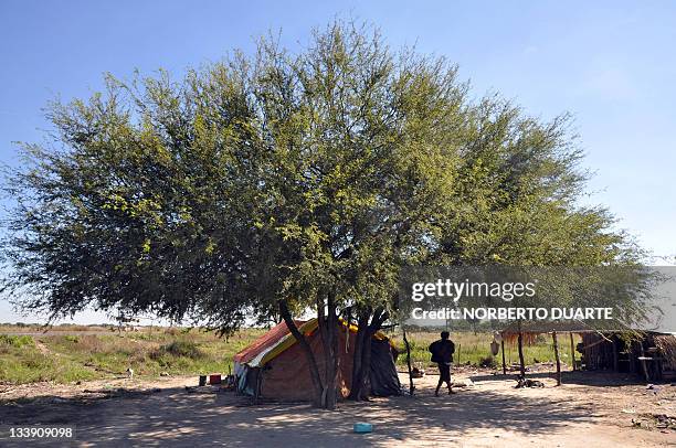 Toba Qom indigenous man walks next to his hut by a highway in the Paraguayan Chaco, some 200 km north of Asuncion on June 13, 2009. Toba Qom men hunt...