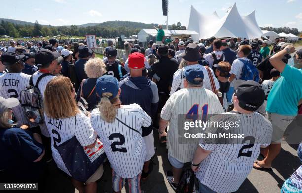 Fans arrive for the Baseball Hall of Fame induction ceremony at Clark Sports Center on September 08, 2021 in Cooperstown, New York.