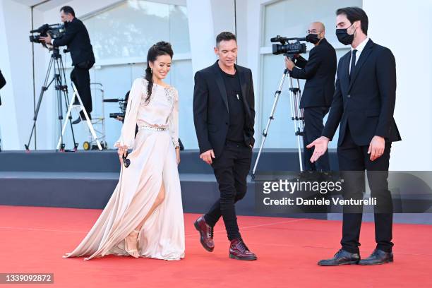 Mara Lane and Jonathan Rhys Meyers attend the red carpet of the movie "Freaks Out" during the 78th Venice International Film Festival on September...