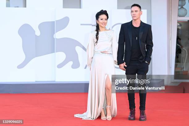 Mara Lane and Jonathan Rhys Meyers attend the red carpet of the movie "Freaks Out" during the 78th Venice International Film Festival on September...