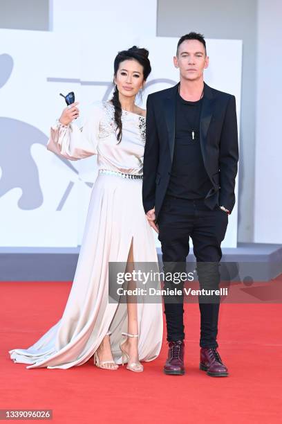 Mara Lane and Jonathan Rhys Meyers attend the red carpet of the movie "Freaks Out" during the 78th Venice International Film Festival on September...