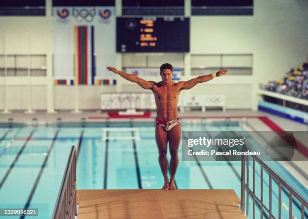 Greg Louganis of the United States prepares to dive in the Men's 10-metre Platform diving competition on 27th September 1988 during the XXIV Olympic...