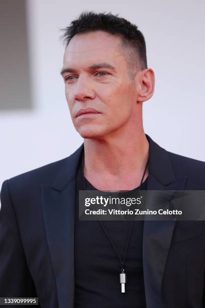 Jonathan Rhys Meyers arrives on the red carpet of the movie "Freaks Out" during the 78th Venice International Film Festival on September 08, 2021 in...