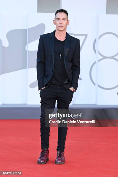 Jonathan Rhys Meyers arrives on the red carpet of the movie "Freaks Out" during the 78th Venice International Film Festival on September 08, 2021 in...