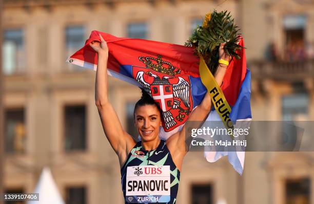 Ivana Spanovic of Serbia celebrates after winning the Women's Long Jump Final during the Weltklasse Zurich, part of the Wanda Diamond League at...