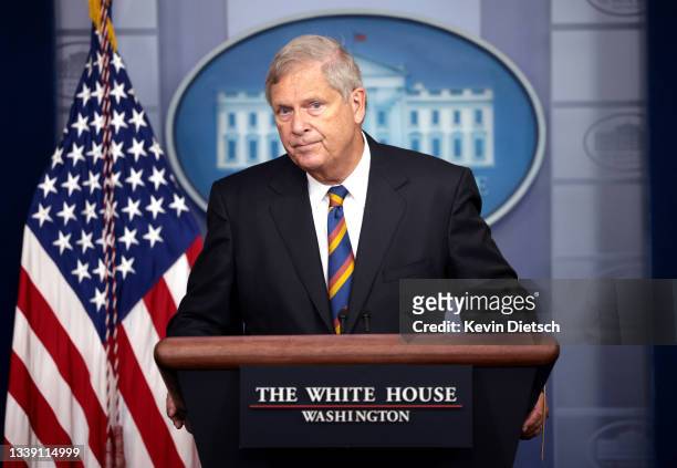Agriculture Secretary Tom Vilsack speaks on rising food prices at a press briefing at the White House on September 08, 2021 in Washington, DC....
