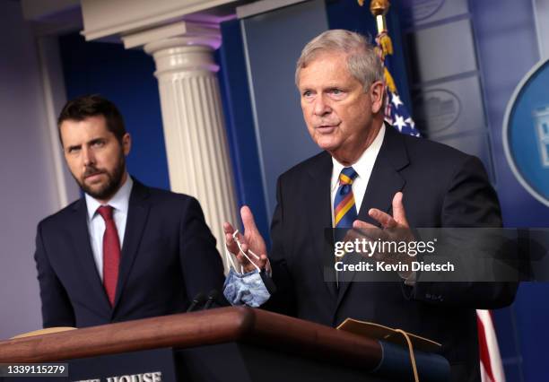 Agriculture Secretary Tom Vilsack, joined by Director of the National Economic Council Brian Deese, speaks on rising food prices at a press briefing...