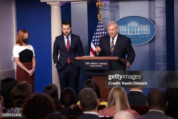 Agriculture Secretary Tom Vilsack, joined by Director of the National Economic Council Brian Deese and White Press Secretary Jen Psaki, speaks on...