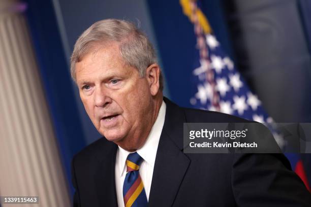 Agriculture Secretary Tom Vilsack speaks on rising food prices at a press briefing at the White House on September 08, 2021 in Washington, DC....